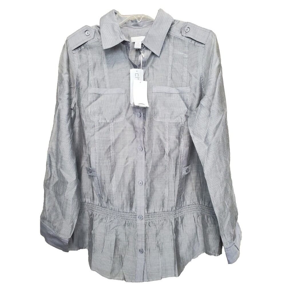 Chico's Tasha Gray Sheer Striped Roll-Tab Sleeve Button-Up Shirt Size 1 MED NWT
